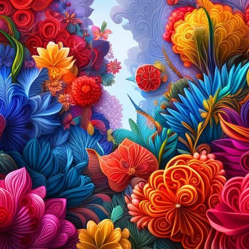 Vivid Origami Flower and Butterfly Fantasy Art