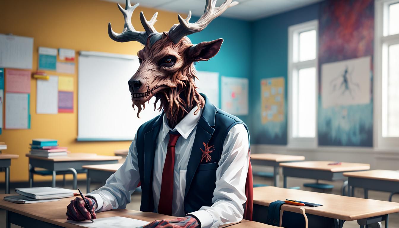 high class photography of a Wendigo with school’s uniform in a classroom Hyperrealistic, splash art, concept art, mid sh...
