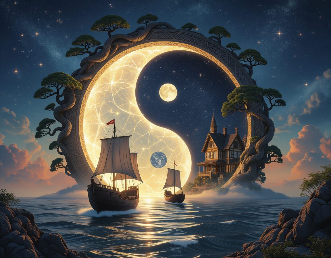 Ships Sailing to Stargate in Surreal Scene