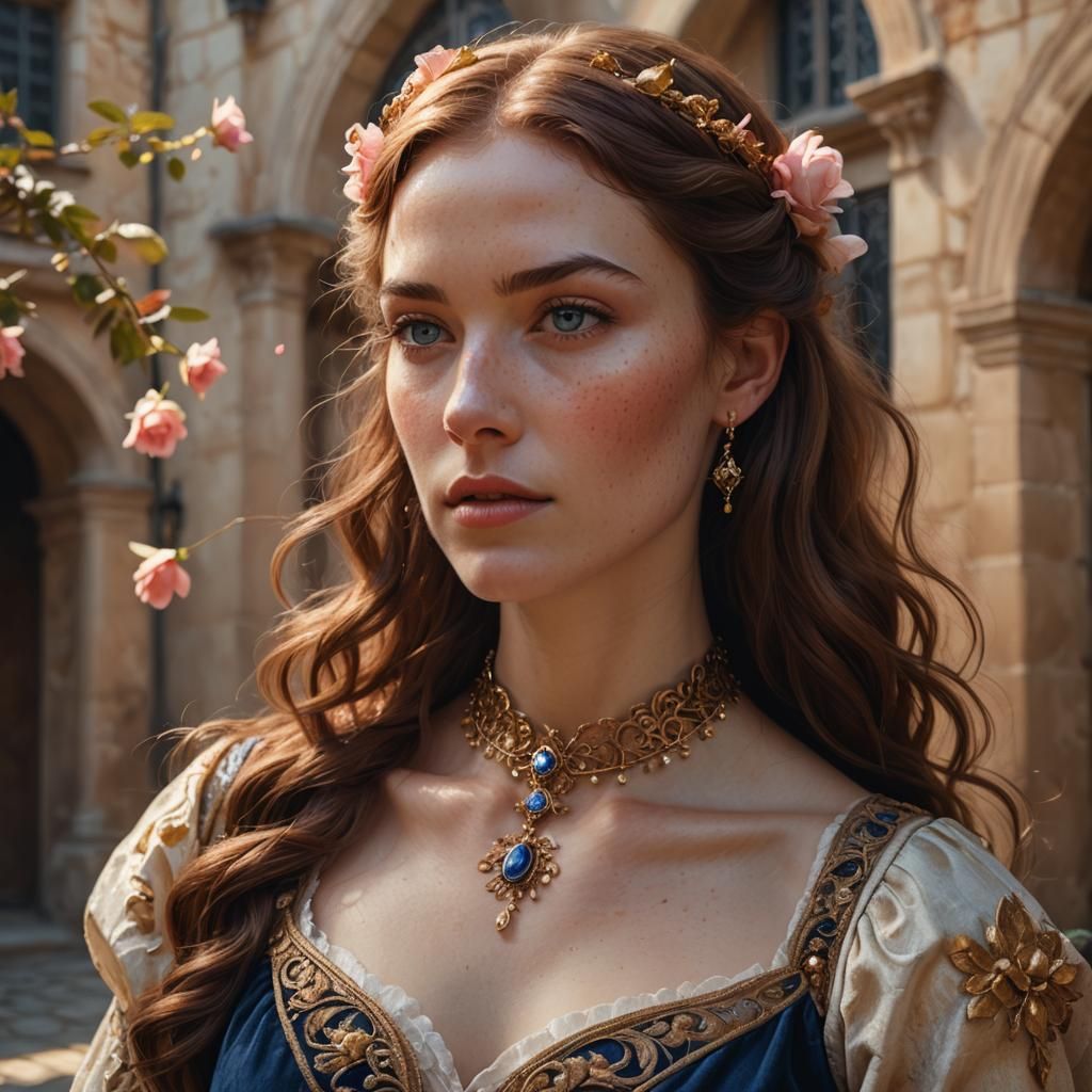 Renaissance Woman Portrait in European Courtyard
