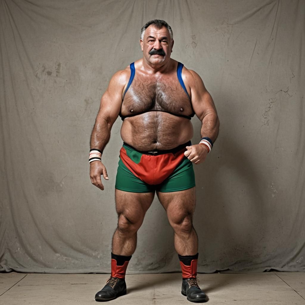 Victorious Hungarian Wrestler Poses After Match