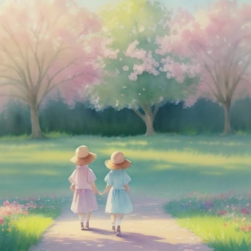 Toddlers in Dreamy Impressionistic Garden