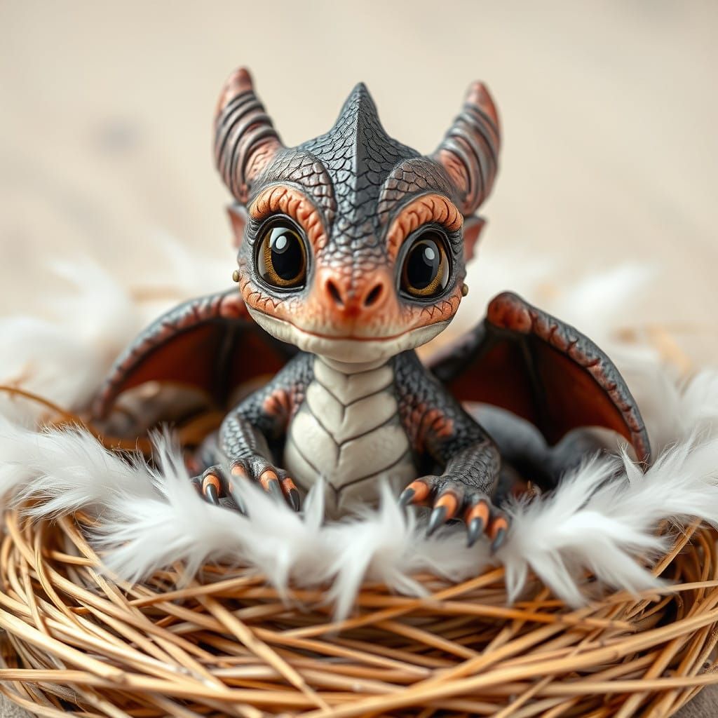 Realistic Baby Dragon in Straw Nest
