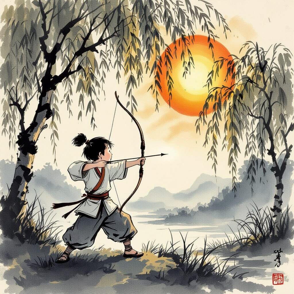 Boy Archer in Chinese Landscape, Quentin Blake Style