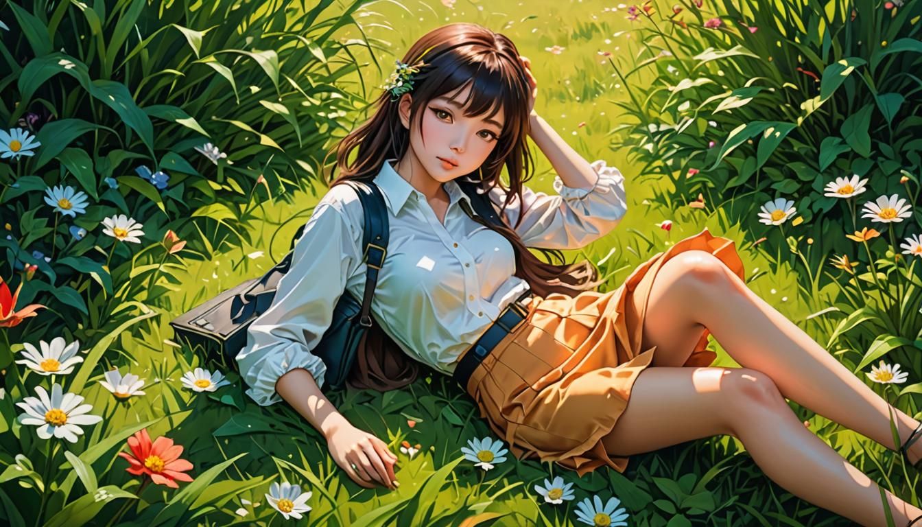 Anime Woman in Meadow: Digital Painting