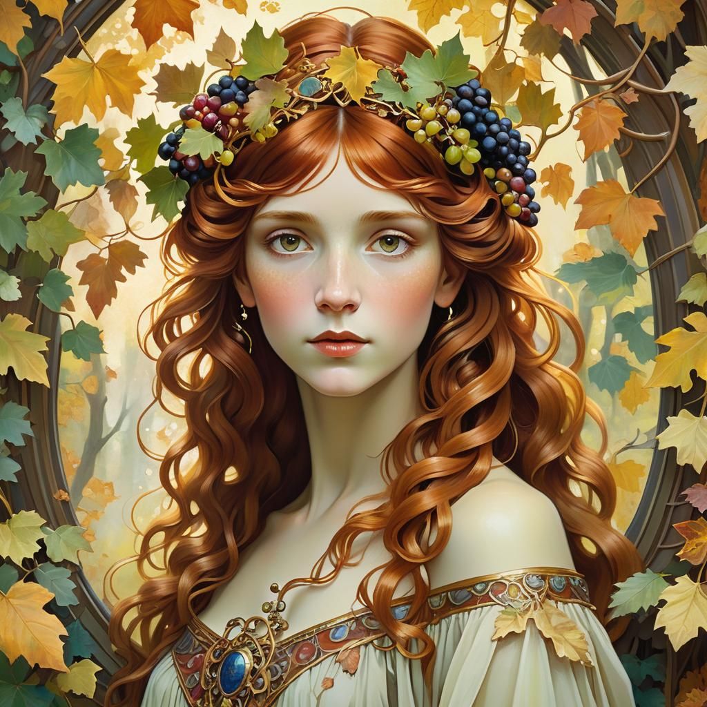 Art Nouveau Autumn Goddess Portrait in Woodland Setting