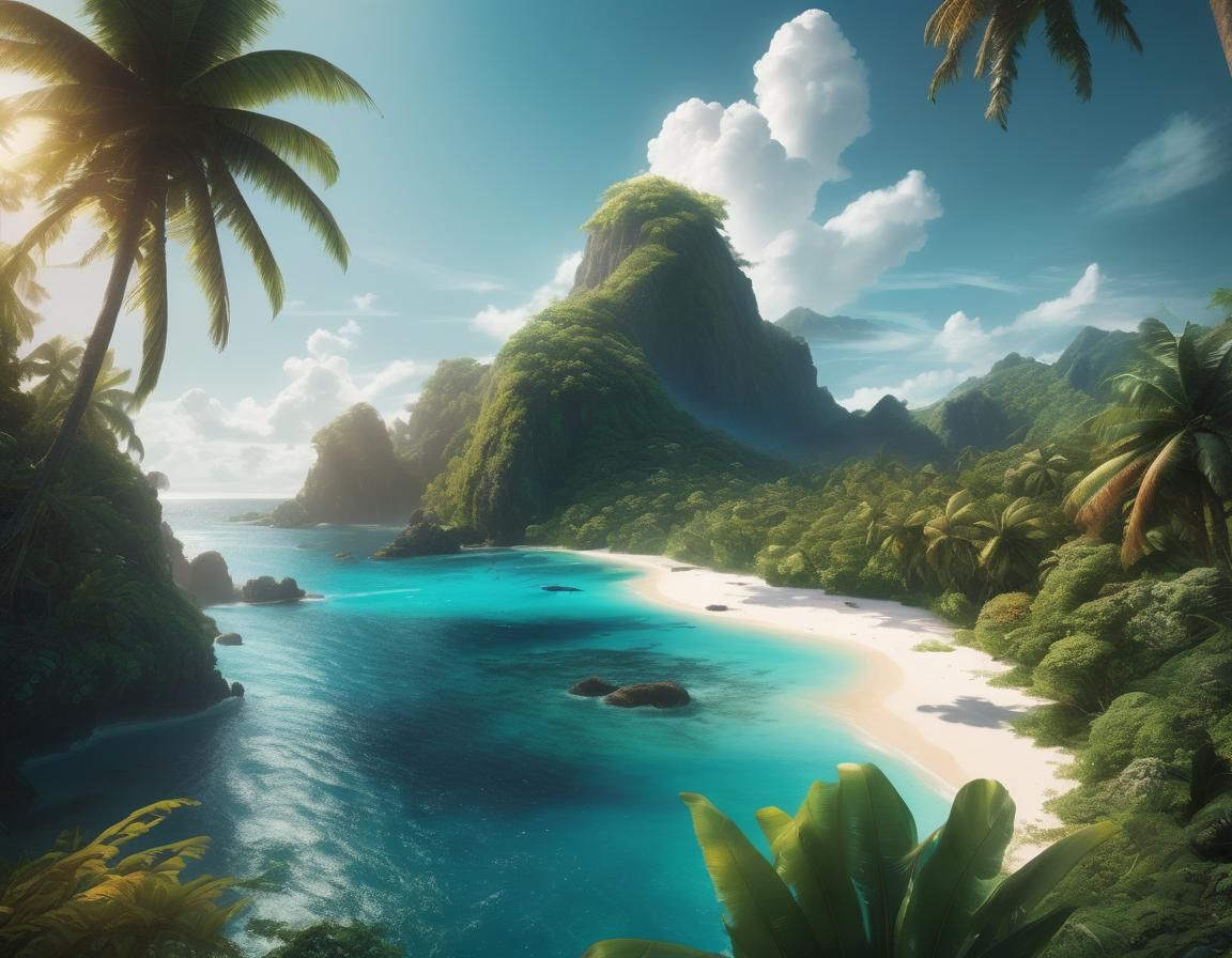 Lush Tropical Island Oasis in Sunlight