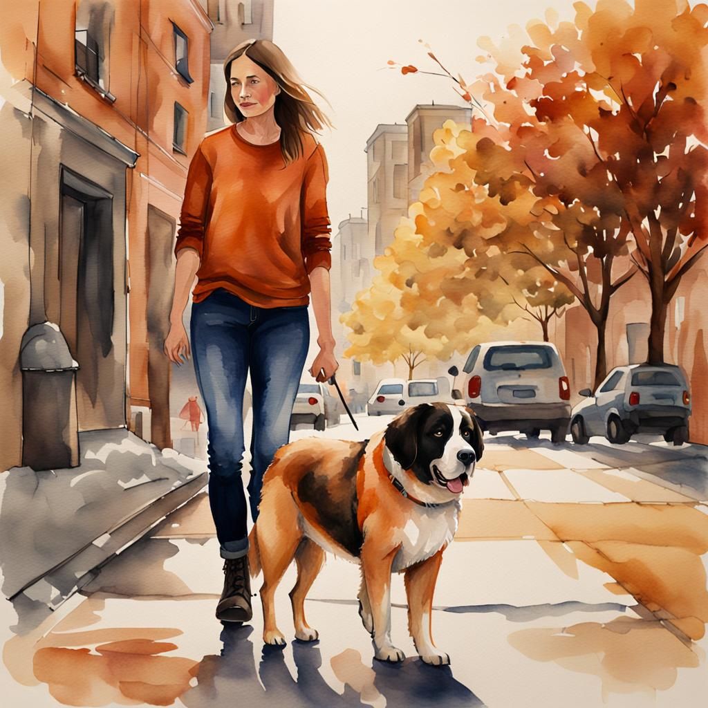 Woman and Dog, Watercolor Painting