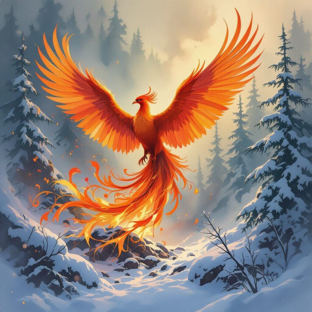 Phoenix Rising Beside Winter Forest in Fantasy Style