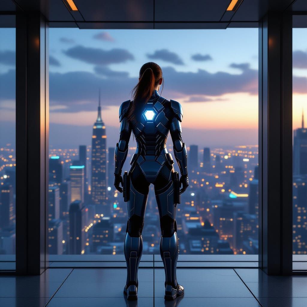 Lara Croft in Iron Man Armor Overlooking Cityscape