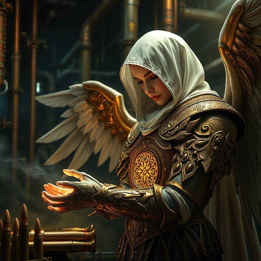 Angel in Golden Armor Works Amidst Industrial Chaos