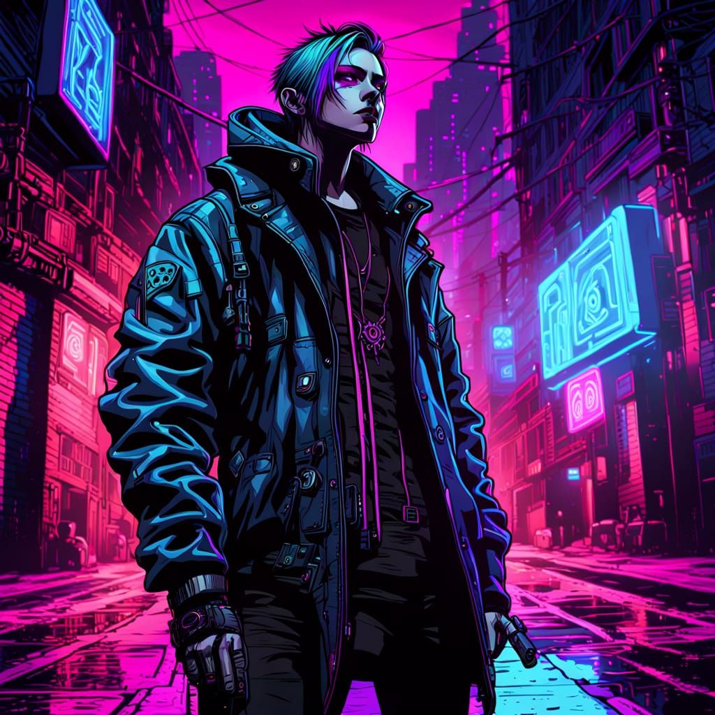 Cyber Goth Figure in Neon Noir Alley