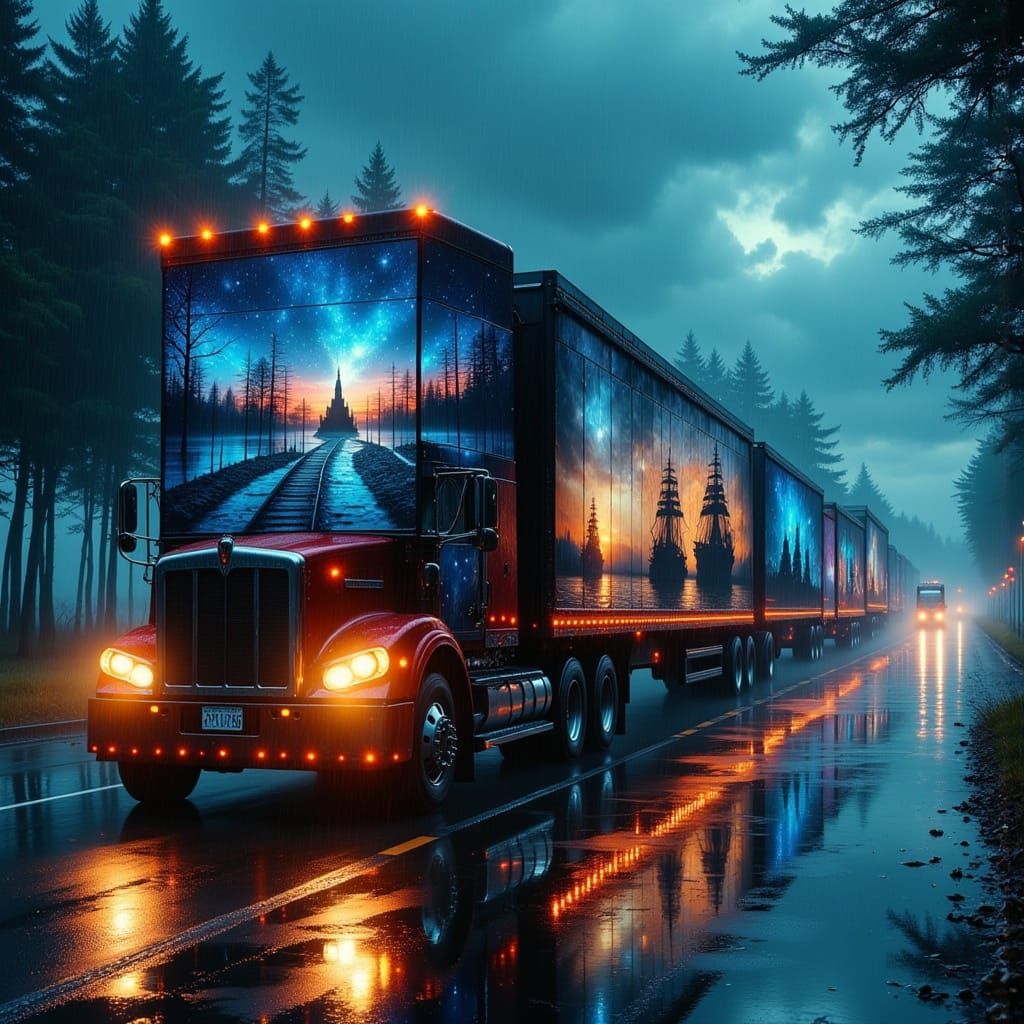 Surreal Trucks Convoy on Rainy Highway, Digital Painting