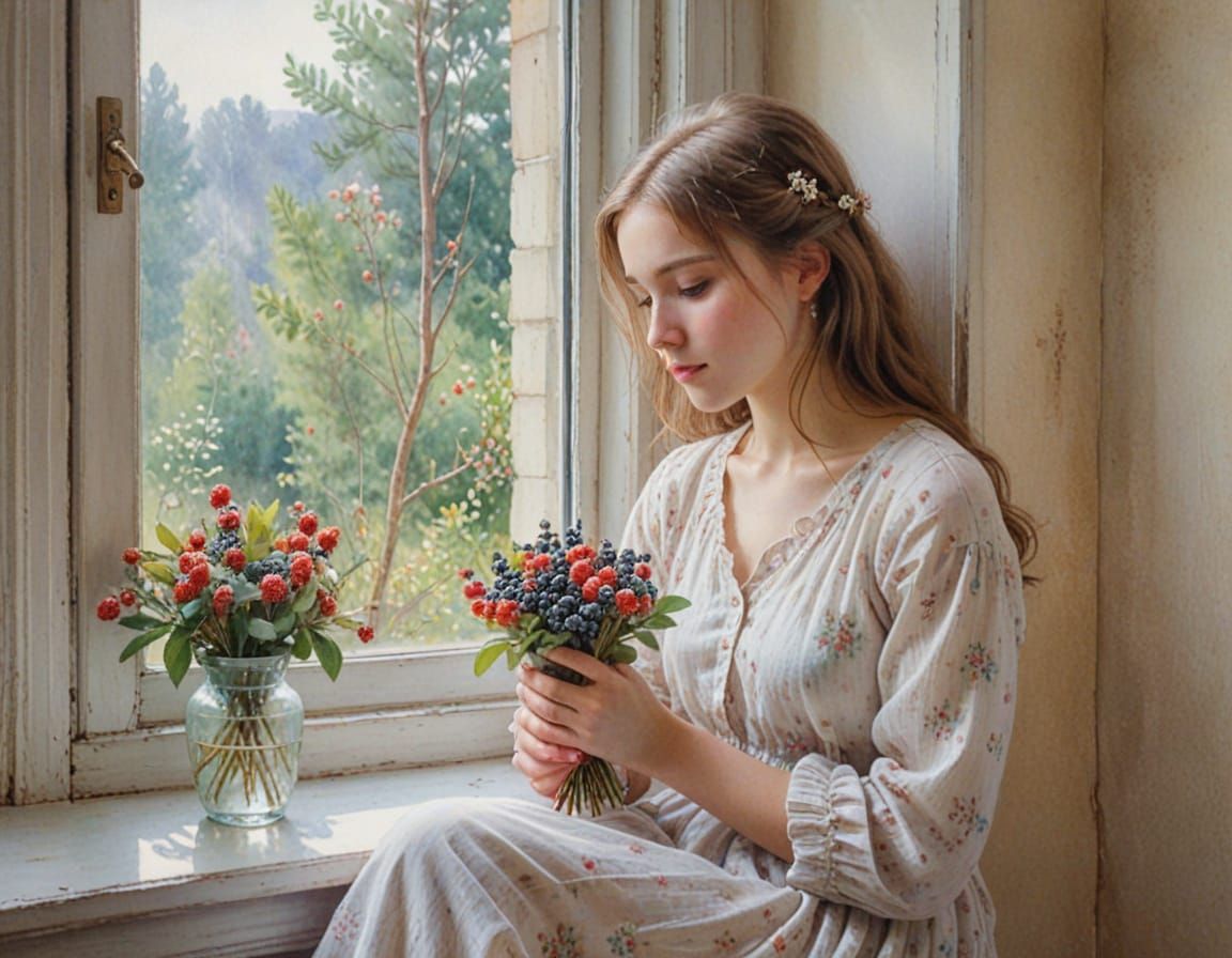 Young Girl with Berry Bouquet in Gentle Afternoon Light