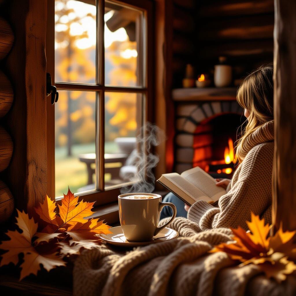 Cozy Autumn Cabin Scene Through Window