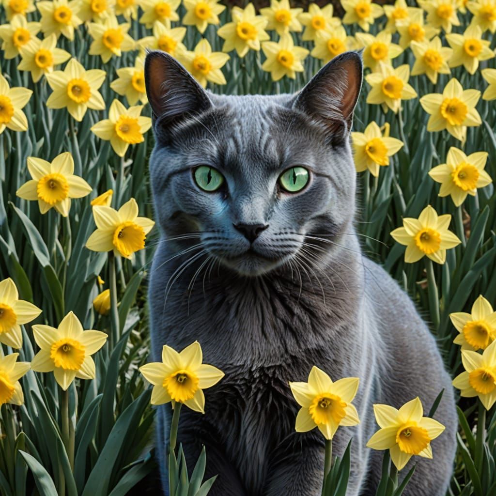 Whimsical Blue Cat Amidst Vibrant Daffodils in a Dreamy Sett...