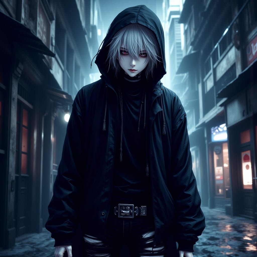 Gothic Teenager in Moody Urban Night, Anime Style