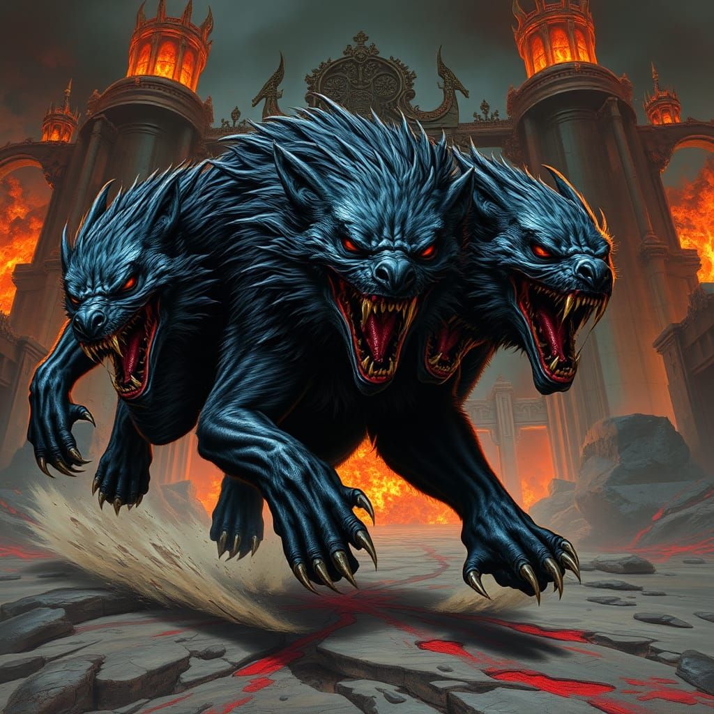 Three-Headed Dire Wolf Unleashes Fury in Gothic Hellscape