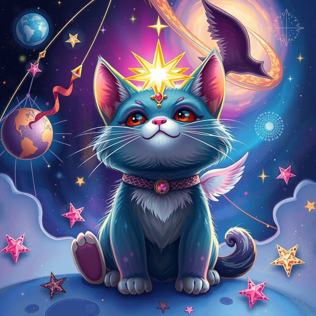 Celestial Cat in Vibrant Cosmic Dreamscape