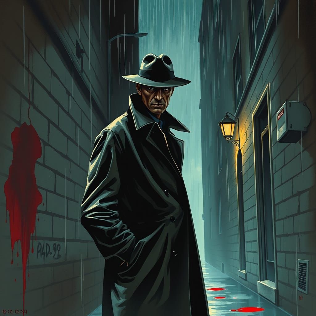 Pulp Detective Noir in Rain-Slicked Alleyway
