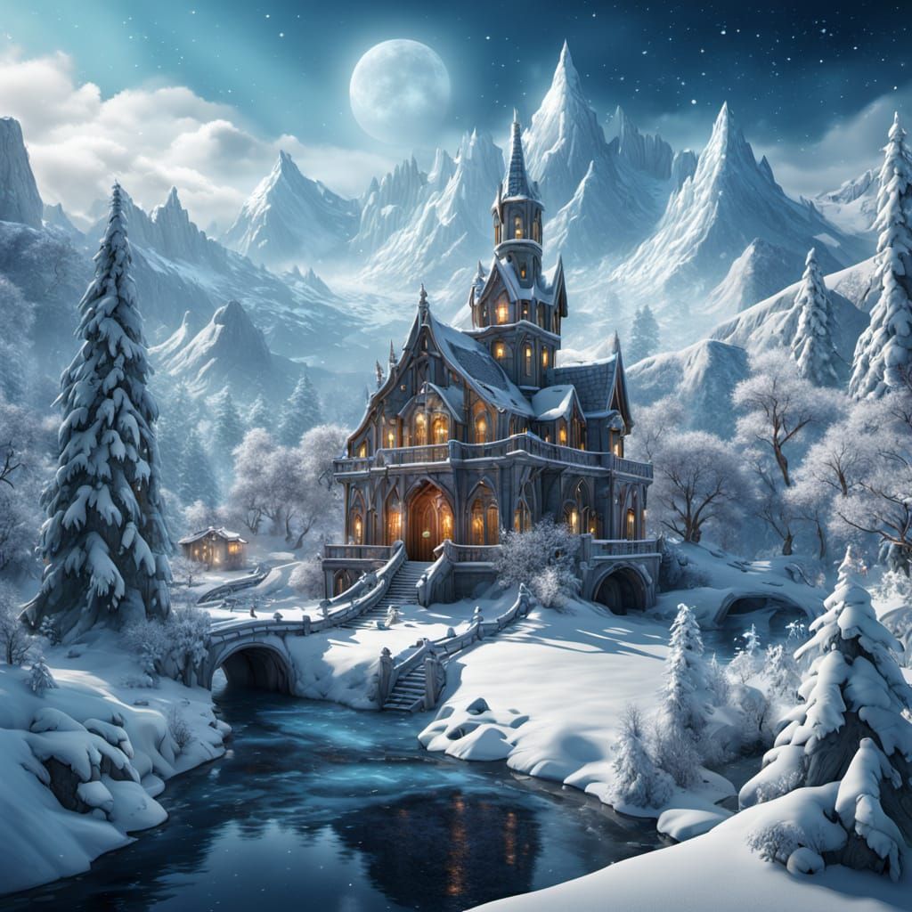 Whimsical Winter Wonderland in Vibrant, Hyperdetailed Style