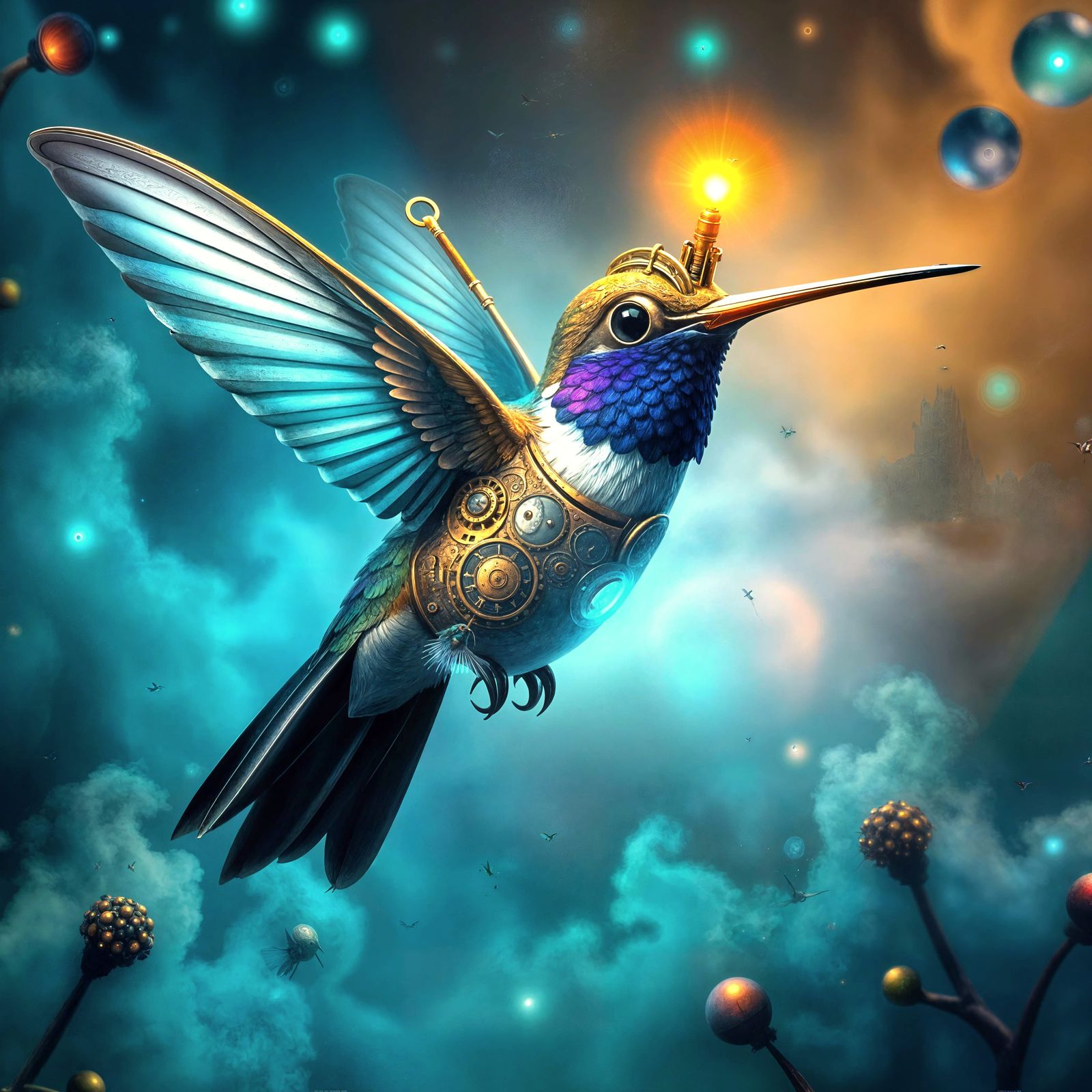 Steampunk Hummingbird in Bioluminescent Mist: Hyperrealist O...