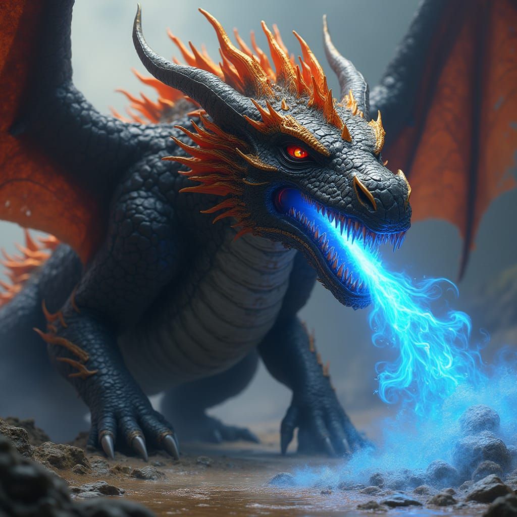 Black and Gold Dragon with Blue Flames