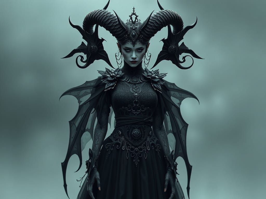 Gothic Woman with Demonic Horns in Biomechanical Style