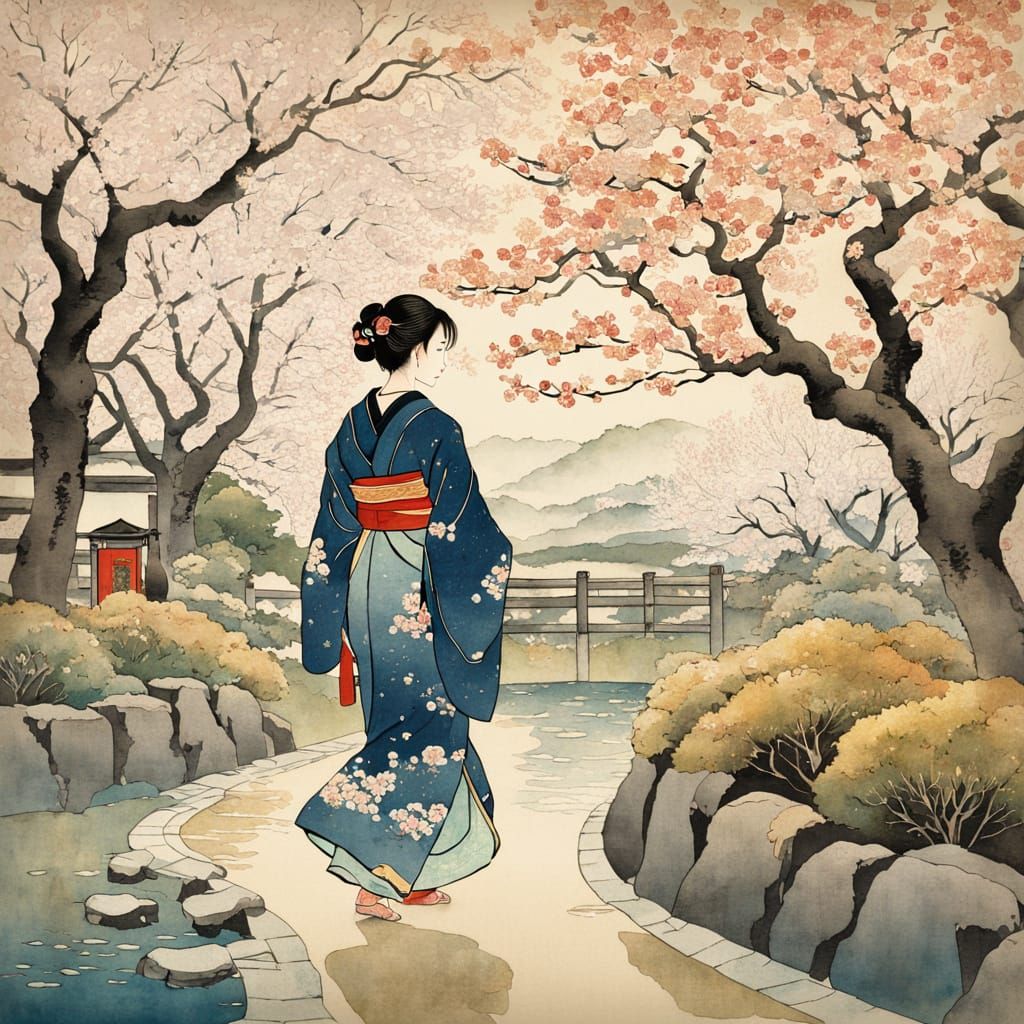 Woman in Kimono: Ukiyo-e Cherry Blossom Garden