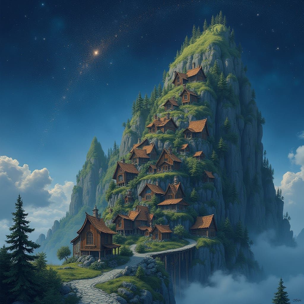 Mystical Mountain Village Under a Starry Sky