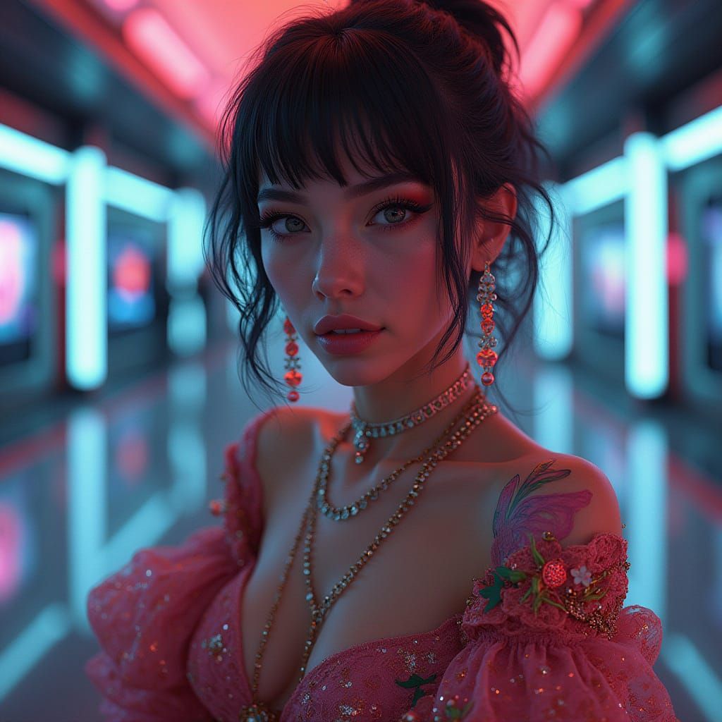Futuristic Woman in Neon-Lit High-Tech Environment
