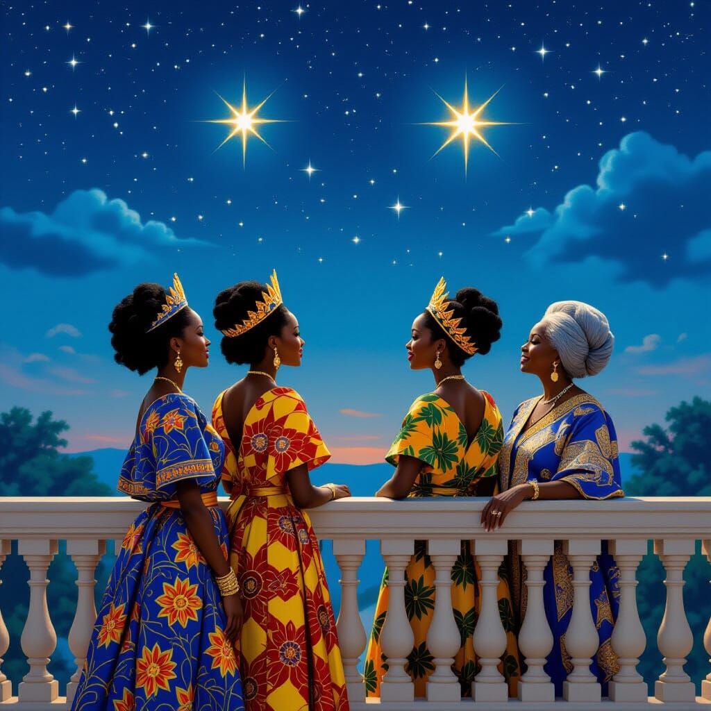 African Twin Queens Gaze at Stars in Vibrant Attire