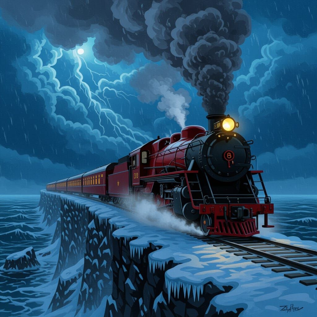 Snow-Dusted Red Steam Train on Cliff Edge