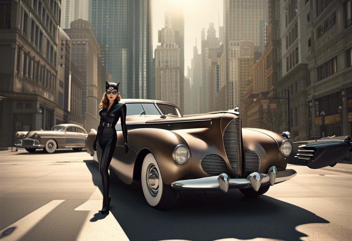 Catwoman Posing with Batmobile in Aetherpunk City