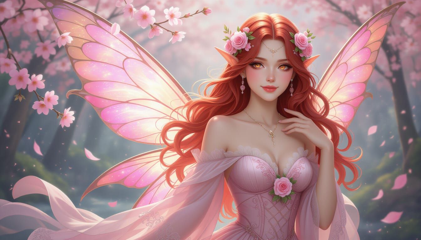 Romantic Pink Faerie Zoey Portrait in Cherry Blossom Orchard