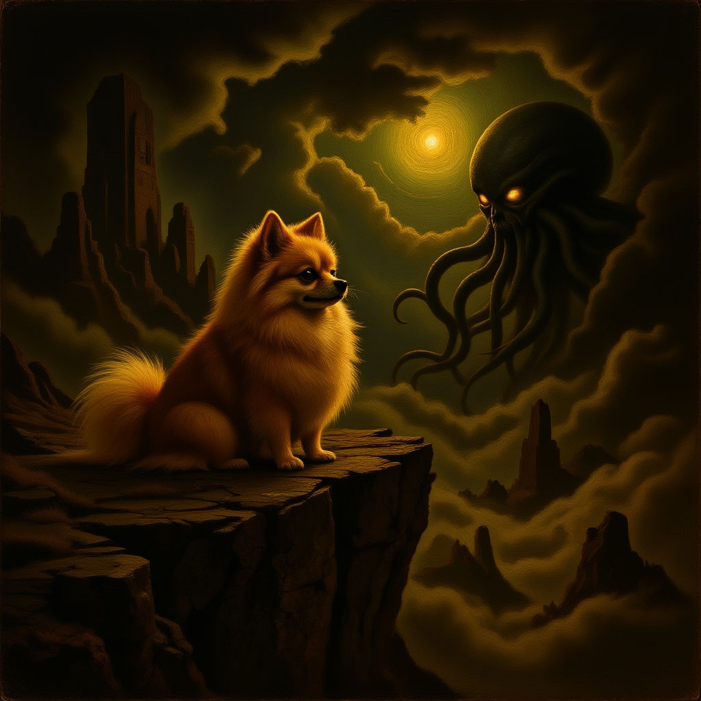 Pomeranian on Cliff Under Alien Sky in Dark Romanticism
