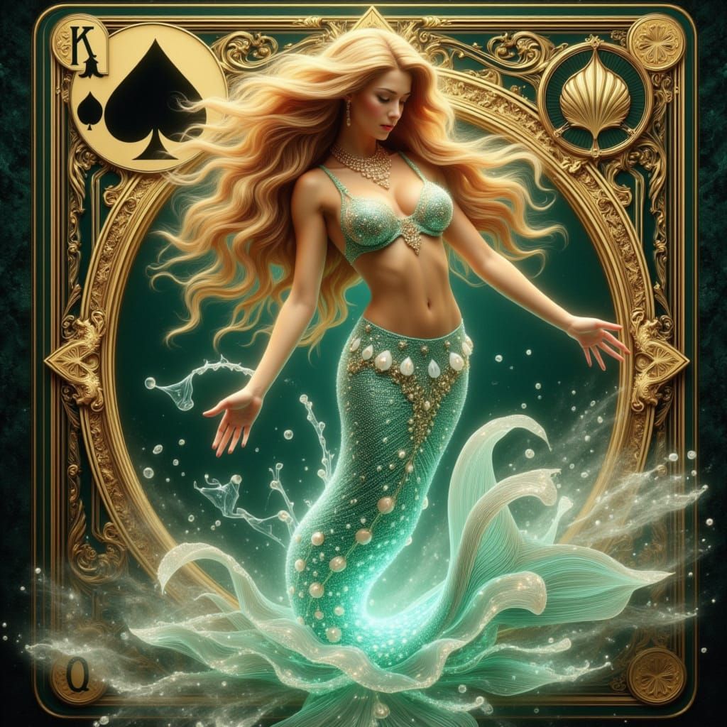 Ethereal Mermaid Rises from Vintage Playing Card in Whimsica...