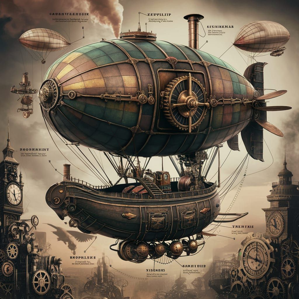 Detailed Steampunk Airship Illustration with Clockwork Citys...
