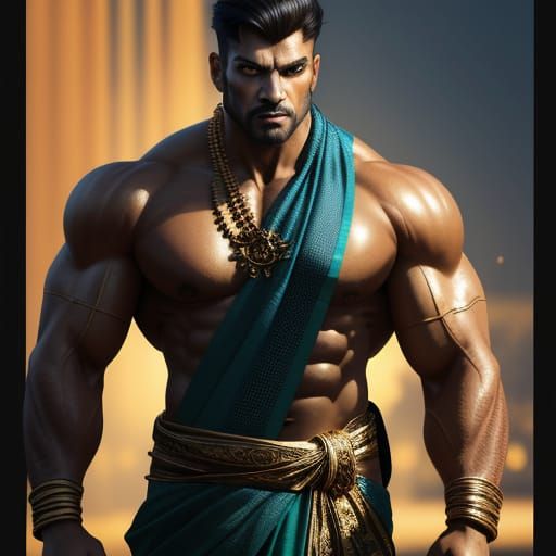 Vibrant Concept Art: Muscular Man in Saree