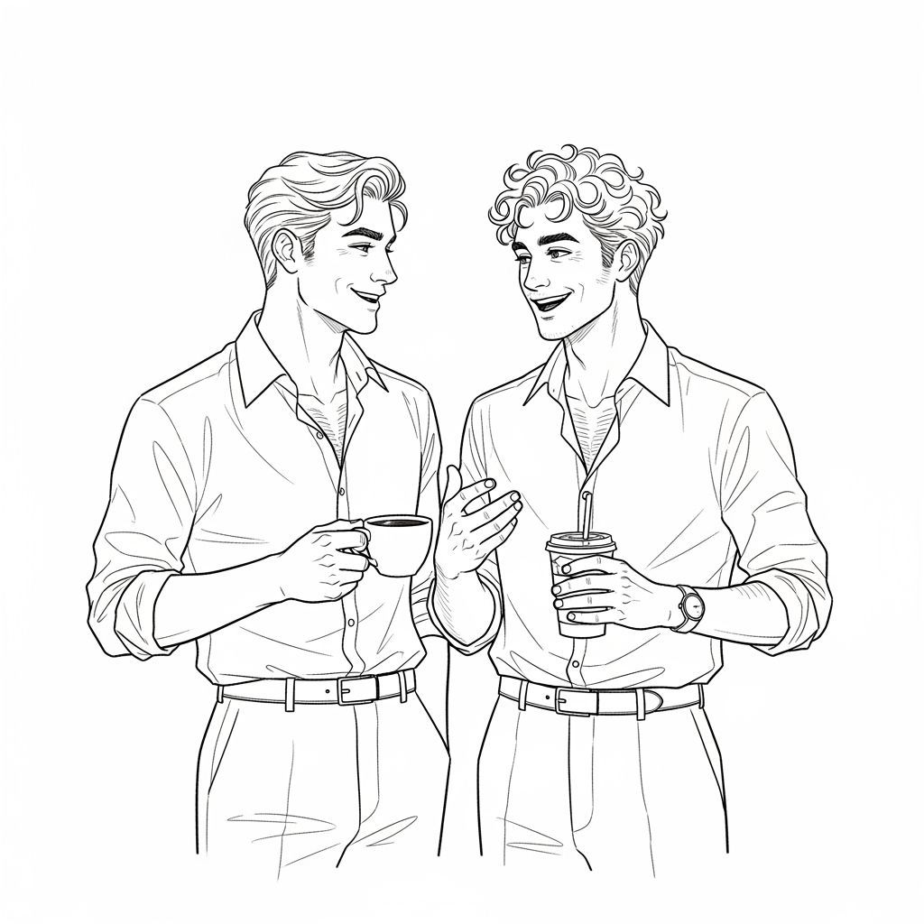 Men Talking and Laughing: A Black Line Art Sketch