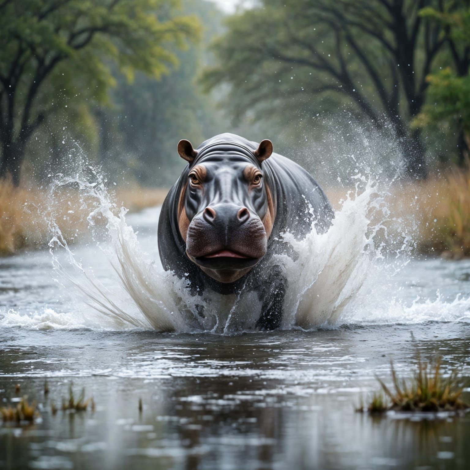 Realistic Hippo Portrait in Cinematic Water Spray Style