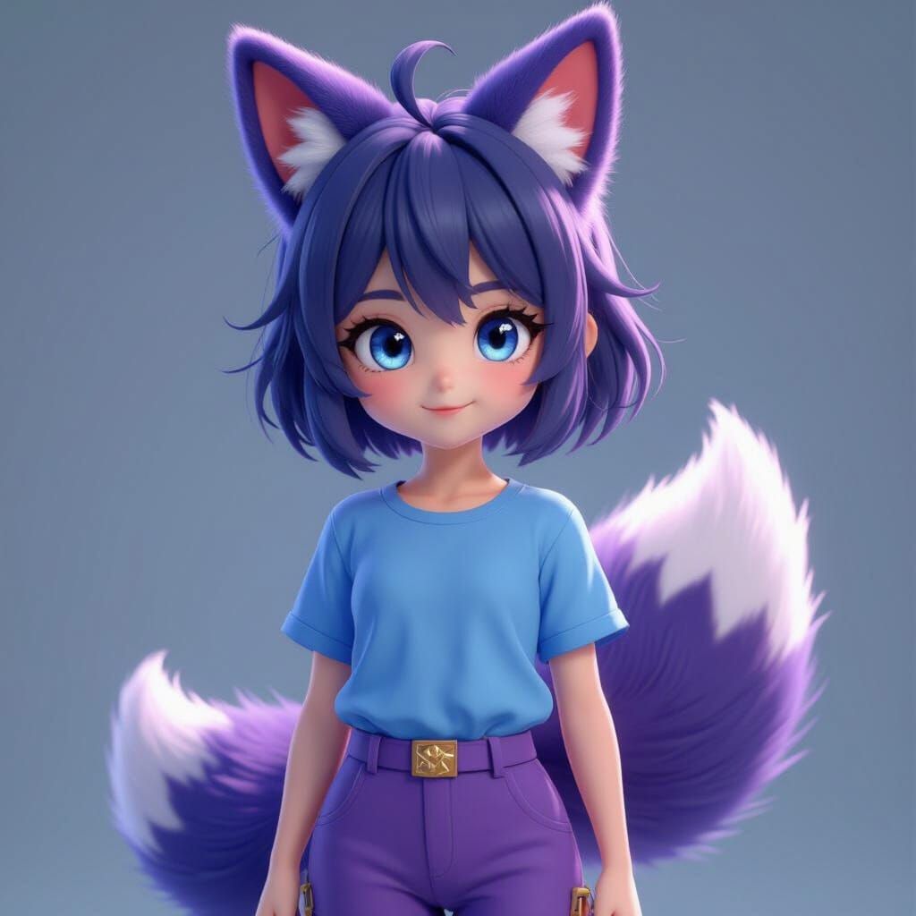 Anime Girl with Fox Ears and Tail in 3D Style