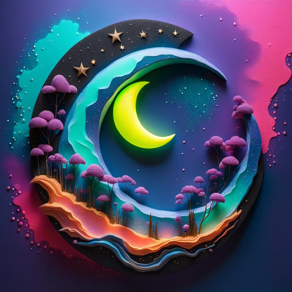 Crescent Moon Celestialscape in Neon Splash Art