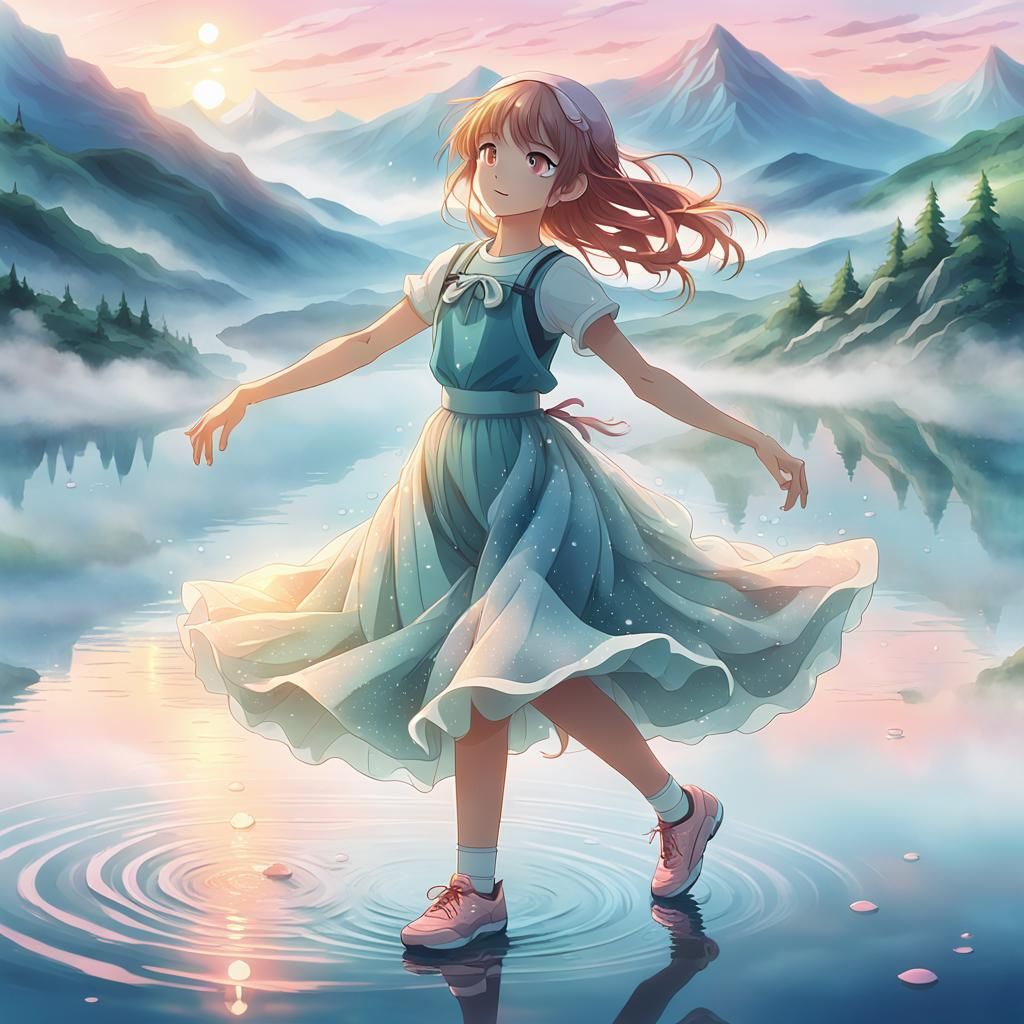 Anime Woman Dancing on Serene Lake
