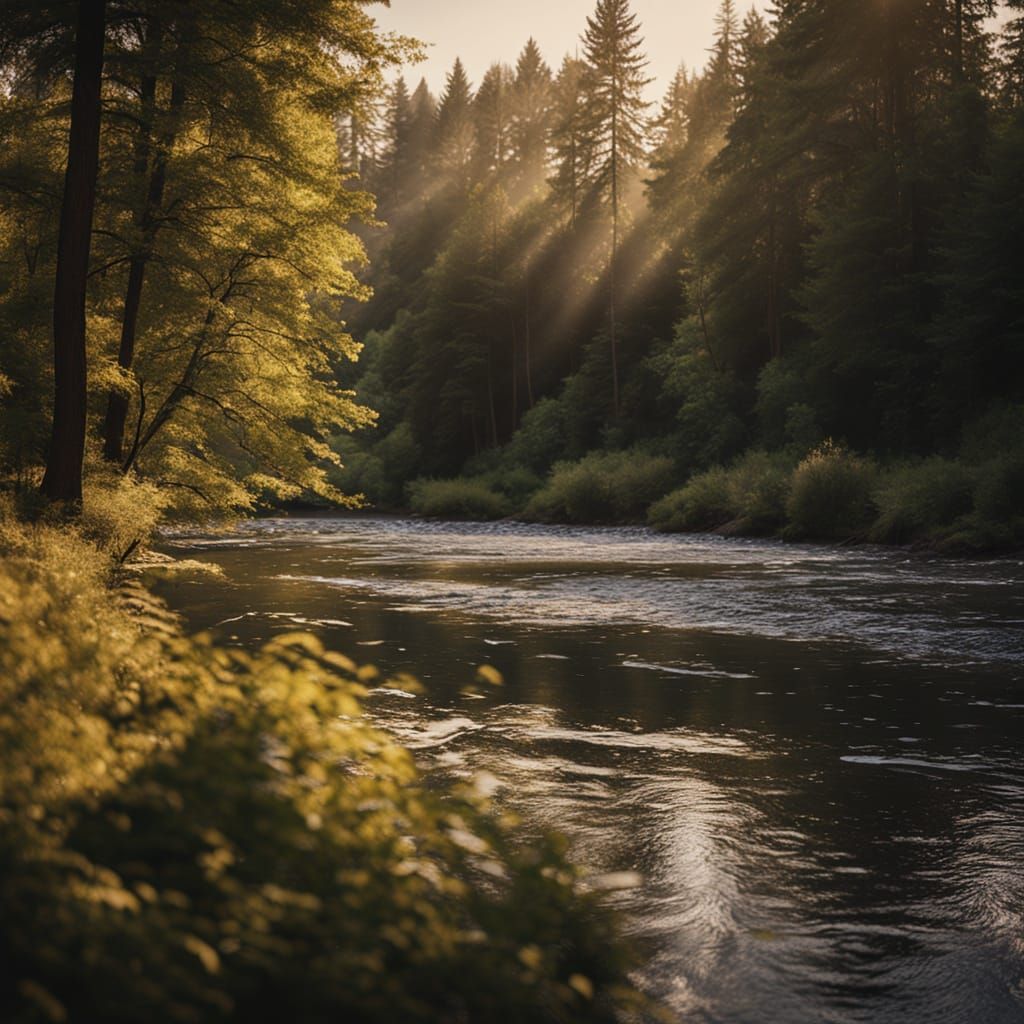 Golden Hour River Flow Through Forest