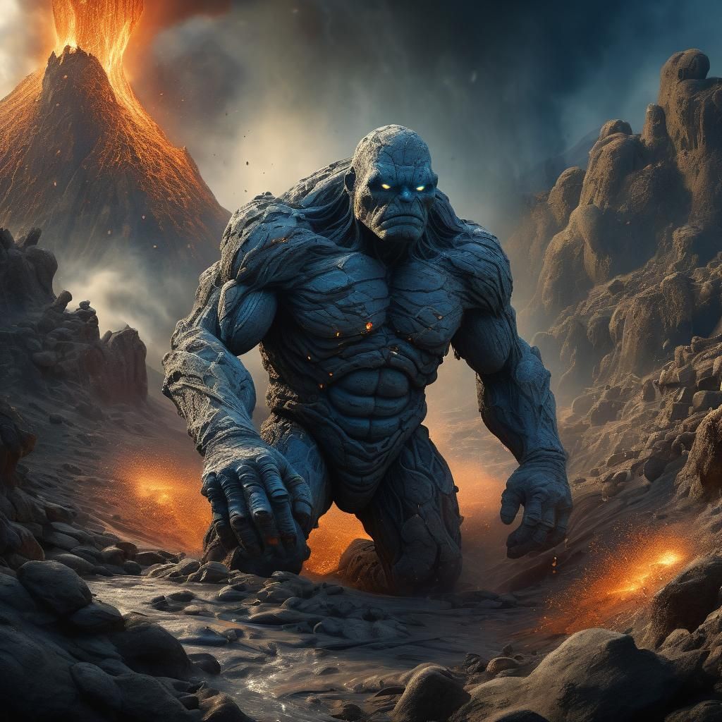 Golem Emerges from Pyroclastic Flow in Fantasy Landscape