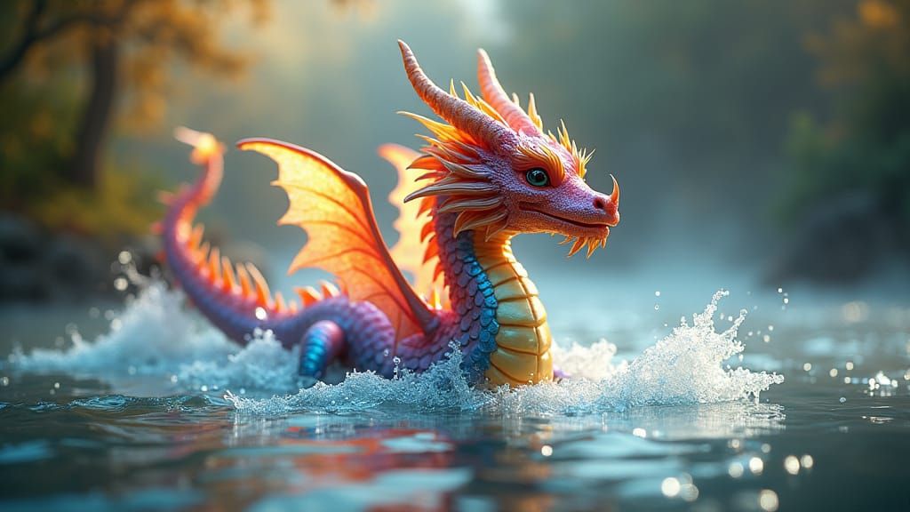 Rainbow Dragon Swimming in a Mystical River
