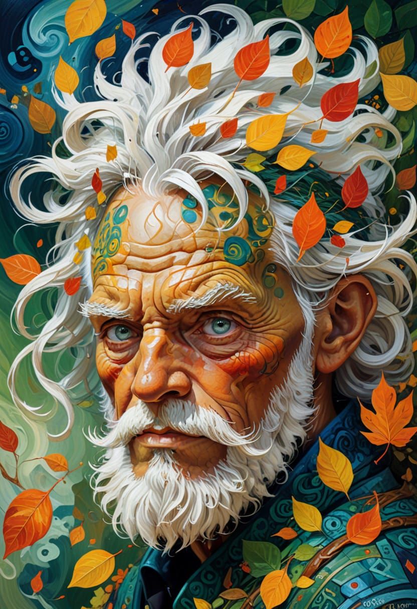 Surreal Pop Art Portrait of a Wise Mystic in Autumn Whirlwin...
