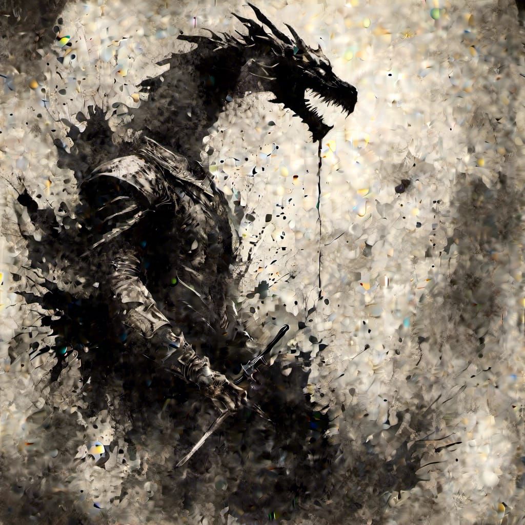 Monochrome Rorschach Ink Blot: Knight vs Dragon