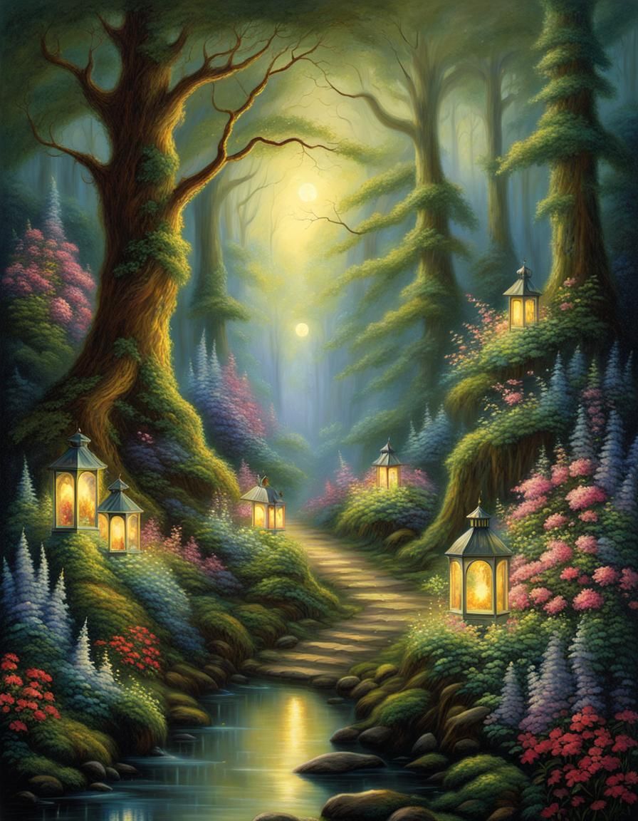 Glowing enchanted forest at midnight